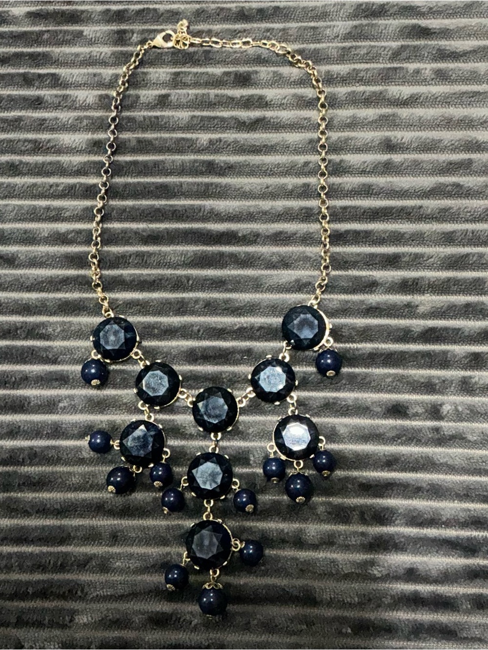 Chunky Navy Blue Cabochon Cluster Statement Collar Necklace Gold Base